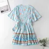 Foridol Blumendruck Boho Kleid Frauen Sommer Flare Ärmel Wickelkleid Strand Blume Himmelblau Kurzes Mini Baumwollkleid 210415