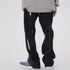 Yüksek Sokak Boyalı Düz ​​Yıkanmış Kot Pantolon Erkekler Boy Geniş Bacak Gevşek Cepler Rahat Denim Pantolon