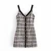 Svart Vit Plaid Tweed Pinafore Mini Dress Kvinnor Vinter Ärmlös Slipkvinna Vintage Slim Elegant ES 210519