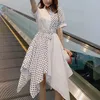 Asymmetrical Patchwork Sash Short Sleeve Turn Down Collar Shirt Dress Summer Elegant Office Lady Polka Dot D0980 210514