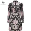 Été Femmes De Luxe Jacquard Robe Piste Mme Élégant À Manches Longues Dentelle Broderie Fleur Imprimer Vintage Mini 210522