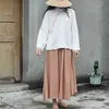 Johnature Women Elastic Waist Pleated Skirts Khaki Autumn Cotton Linen Women Casual Skirts 210521