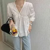 Ezdgaga Koronka Patchwork Bluzka Kobiety V-Neck Z Długim Rękawem Lato Koreańska Moda Luźne Cienkie Białe Koszule Single-Breasted Elegancki 210430