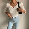 Sexy vintage con scollo a V pieghe rosa pesca cuore maglioni a maglia cava sottili sottili 3/4 manica corta crop top pullover pullover per donna 210508