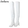 Sorbern White Matt Long Laarzen Vrouwen Puntschoen Hoge Heel Stilettos Red Lining Custom Slim Fit Calf Crotch Digh High