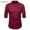 Rolled Up Sleeve T-shirt Män 2021 Höst Stand Collar Mens Dress Shirts Chemise Homme Henry Tops Camiseta Mäns Casual