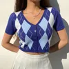 Plaid Knit Buttoned Cardigan Top Women Y2K Vintage V Neck Knitted Clothes Aesthetic Short Sleeve Crop Tops T Shirt 210514
