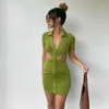 Summer Sexy Dress Women Lapel Hollow Out Exposed Waist Short Sleeve Single Breasted Wrap Hips Party Mini Vestidos 210522