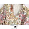 Traf Women ChiC Fashion With Belt Print Mini Dress Vintage Three Quarter Mouw Side Vents Female Dresses Vestidos 210415