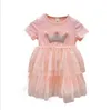 Korean Girls Crown Princess Dress for Kids Lovely Pom Tutu Cake Pink Clothing Birthday Cotton Gauze Patchwork 210529