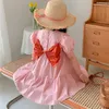 Summer Girls 'Dress Puffy Sleeves Big Back Bow Cotton Cute Princess Baby Barn Barnkläder för Tjej 210625