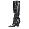 Designer Celebrity Stage Shoes Women Spike Block Heel Folded Long Boots Knee High Tall Boots Motorcycle Tacones Mujer Footwear