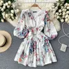 Women Fashion Spring Wear V Neck Long Sleeve Elegant Printed Corset Short A-line Dress Vintage Korean Vestidos S478 210527
