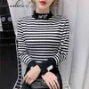 Primavera outono estilo coreano t-shirt moda mock pescoço retalhos preto preto listra mulheres tops manga longa algodão t11008a 210421