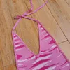 セクシーホルターニットボディコンドレスブルーVネック背中の包帯スリムビーチ女性夏ノースリーブストラップミニES 210526