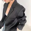 2020秋の女性の衣装新しい黒いサテンのぼかしヴィンテージ固体韓国のスタイトのカジュアルルーススーツジャケットトレンドfashioin x0721