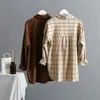 Vintage Lose Langarm Shirt Oversize Frauen Bluse Herbst Vorne Kurz Hinten Drehen-unten Kragen Casual Tops 10870 210506