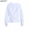 Zevity Femmes Vintage Croix Col En V Noeud Papillon Blanc Smock Blouse Femme À Manches Longues Mince Volants Kimono Chemise Roupas Chic Tops LS9101 210603