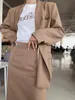Autumn Double-breasted Button Mid Long Blazer High Waist mid calf Back Slit Skirts OL Women Sleeve Suits 2 Pieces Set 210429