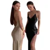 Sexy Side High Split Deep V-neck Spaghetti Strap Sleeveless Floor-Dress Backless Nightclub Party Dress Robe De Bal Femme Longue 210604