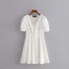 Yaz Beyaz Sarı Pamuk Mini Elbiseler Oymak Işlemeli Elbise Kısa Kollu V Yaka Vestidos 210421