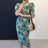 Korejpaa Kobiety Dress Summer Korea Chic Retro Elegancki V-Neck Slim Talia Długi Split Bubble Rękaw Kwiatowy Vestido Kobieta 210526