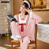 Herfst mode pyjama set voor vrouwen zachte katoen twee stuk pijamas cartoon pyjama tiener meisjes korean kawaii loungewear 211215