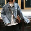 Women's Short Cropped Denim Blue Black Jacket Button Long Sleeves Jean Turn Down Collar Pocket Rivet C0112 210514