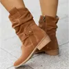 2021 Winter Warm Suede Women Boots Vintage Zipper Shoes Buckle Lady Mid-Calf Boot Outdoor Thick Low Heel Female Pointed Booties Y1018