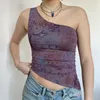 Camisetas sin mangas de verano para mujer, camisetas cortas con estampado Vintage Harajuku de los años 90, corsé de un hombro, chaleco de estilo chino estético para mujer