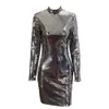 PEUT-ÊTRE U Noir Col Montant À Manches Longues Moulante Gaine Mini Robe Bling Solide Sexy À Paillettes D0912 210529