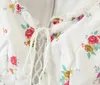 Buff manga laço branco cópia floral blusa camisas mulheres verão boho lace up colheita tops pelpum vintage blusas 210415