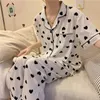 Pajama Set Women Heart-printed Turn-down Collars Short Sleeve Cute Japanese Style 2 Piece Summer Ladies Sleepwear Loose Student X0526