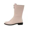 Höst Mid Calf Stövlar Kvinnor PU Läder Tjock Heels Zipper Round Toe Skor Kvinna Vinter Röd Plus Storlek 33-46 210517