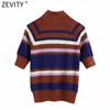 Women Vintage Turtleneck Collar Colorful Striped Slim Knitting Sweater Female Short Sleeve Chic Pullovers tops S611 210420