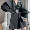 Sólido coreano Sexy Vintage suelto manga larga cintura alta primavera otoño cuello pico cinturón negro mujer vestido ropa 331A 210420