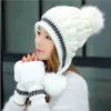 Gorro de punto de invierno para mujer Casual Todo fósforo Dulce Encantador Piel de conejo Punto Mujeres Gorro de punto cálido + Guante 211229