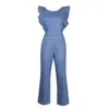 Sexy Backless Lace Up Jumpsuits Overalls Ruffle Sleeveless Blue Denim Long Pants Zipper Wide Leg Vintage 210427