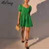 Msfancy été vert Mini Robe femmes manches courtes bouffantes col carré élégant Vestido De Mujer taille haute Robe décontractée 210604