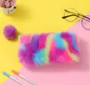Rainbow Colors Purse Fashion Plush Pen Bag Student Stationery Pencil Pouch Box Girls Coin Purse Pendant Cute Pompom Ball Zipper