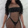 Abito da donna trasparente con paillettes in maglia di cristallo, copricostume da bikini, con mezza manica, volant, mini costume da bagno per signora Sarongs1015087