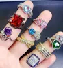 S925 silver Stone Rings Micro Inlaid Semi-Precious Colored Zirconium Ring Real Gold Plated Fashion Vintage Gems Female324A