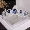Barroco de lujo Chapado en plata de cristal azul nupcial collar pendiente Tiara corona boda cuentas africanas conjunto de joyería