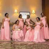 Pink Heavy Appliques A Line Bridesmaid Dresses With Short Sleeves Lace Top Tulle Skirt Sheer Neck Long Wedding Party Dress