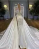 2022 Luxury Long Sleeves Mermaid Wedding Dresses Deep V Neck Illusion Pearls Crystal High Side Split Arabic Satin Bridal Gowns Robe de mariée Plus Size