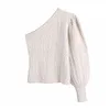 Zarif Kadınlar Slash Boyun Kazak Moda Bayanlar Beyaz Büküm Örme Tops Streetwear Kadın Chic Puf Kol Kazaklar 210430