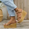 2021 Summer Women Platform Hemp Sandals Female Thick Bottom Wedges Ladies Ankle Buckle Shoes Casual Footwear Plus Size 43 Y0714