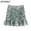 KPytomoa mulheres chique moda com babados plissado impresso mini saias vintage cintura alta volta zíper feminino mujer 210619