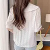 Zomer Wit Katoen Blouse Vrouwen Koreaanse Mode Doll Kraag Zoete Tops Effen Kleur Korte Mouw Geborduurde Shirt 14377 210521