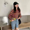 Korean Rainbow Knitted Sweater Women Runway Jumpers Loose Women's Clothes Autumn Plus Size Casual female Top Pullovers 210805